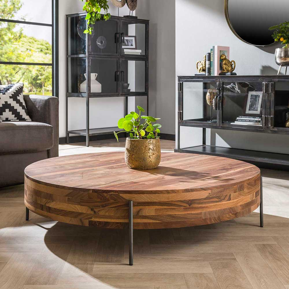 120 Cm Couchtisch In Rund Aus Nussbaum Massiv Mit Metallbeinen in Couchtisch Rund Holz