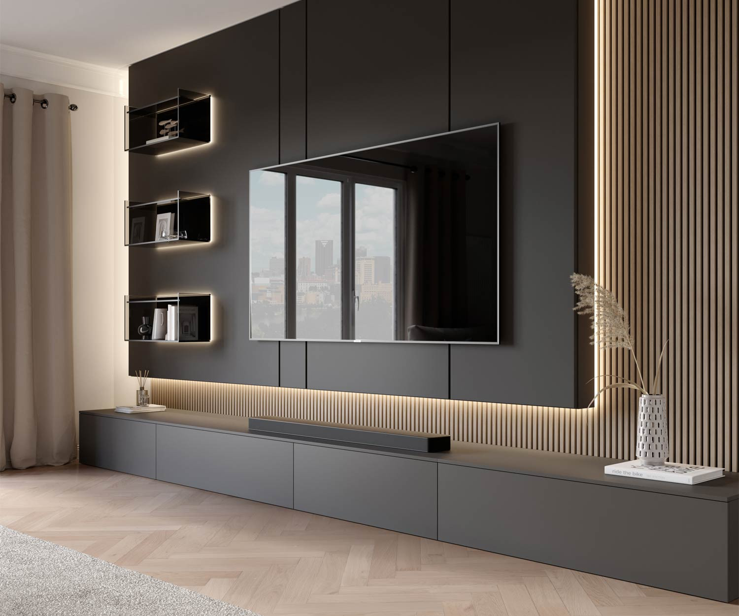 Moderne Design Wohnwand Mit Tv Paneel Und Glasregal throughout Moderne Wohnwand